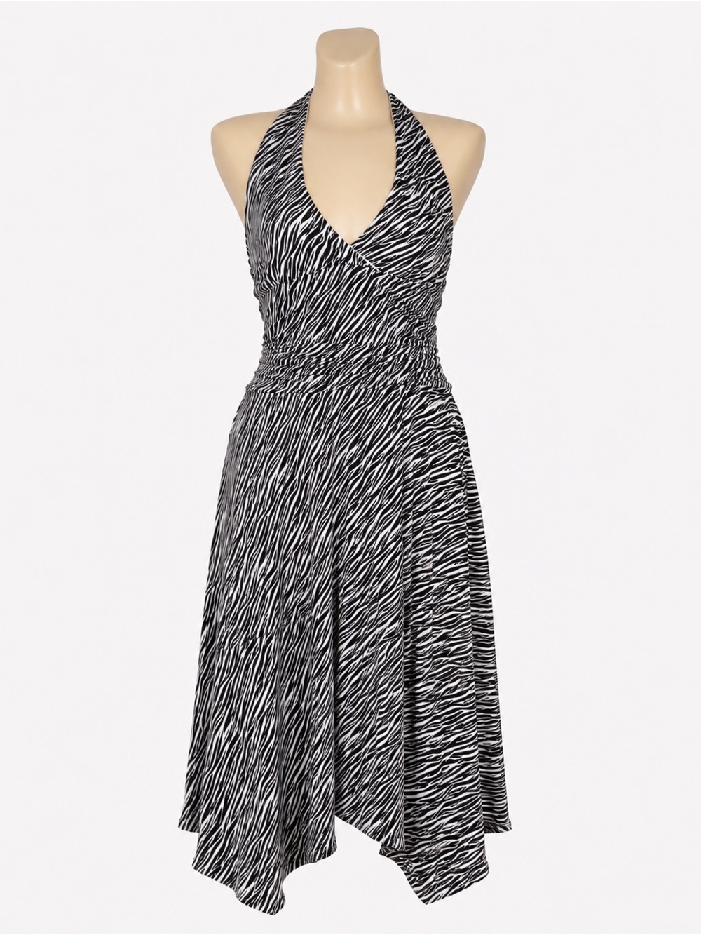 Halter Zebra-Print V-Neck Midi Dress